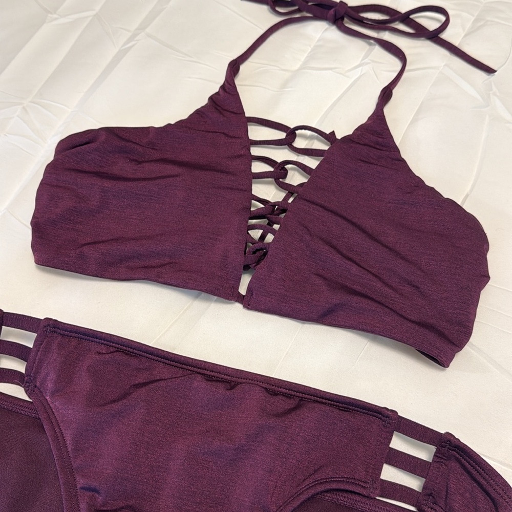 Athleta Aqualuxe Purple Plum Loop Bikini Top XS Bottoms S